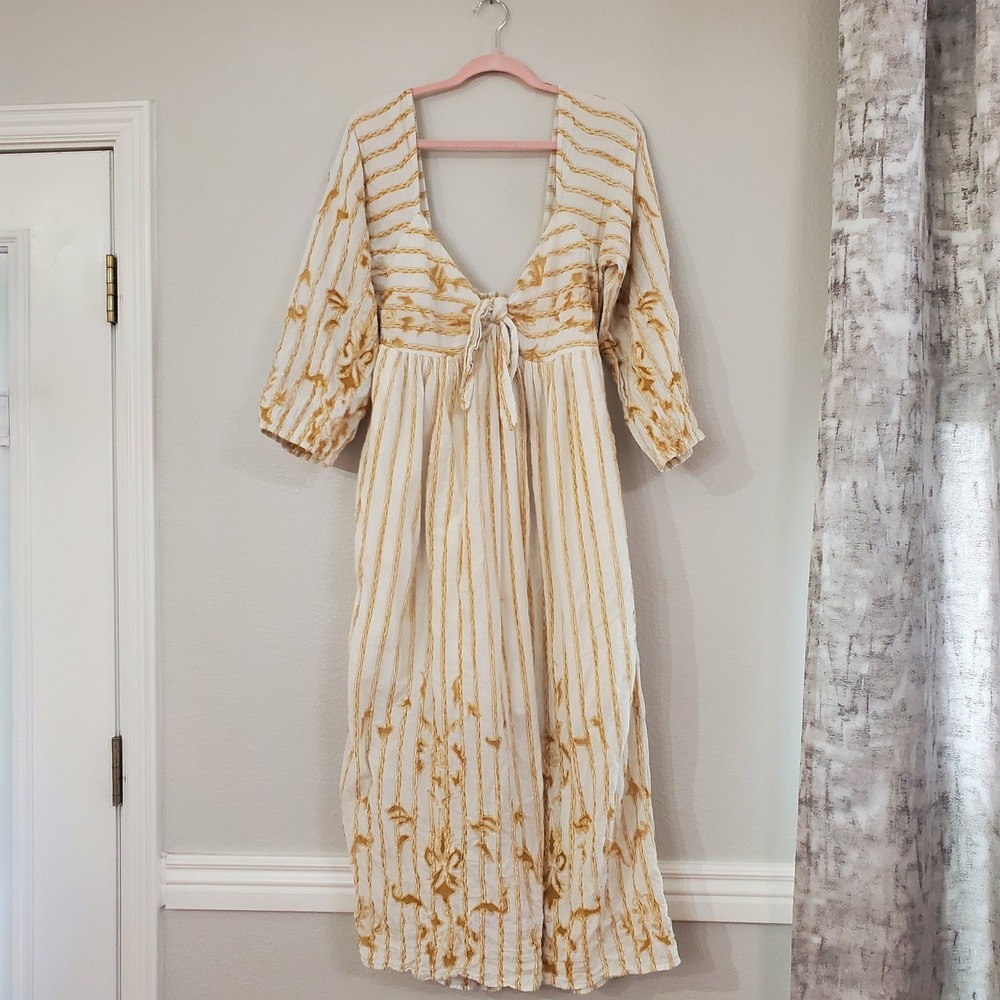 Anthropologie By Anthropologie Embroidered Tie-Front Maxi Dress Cream Gold M - Picture 5 of 13